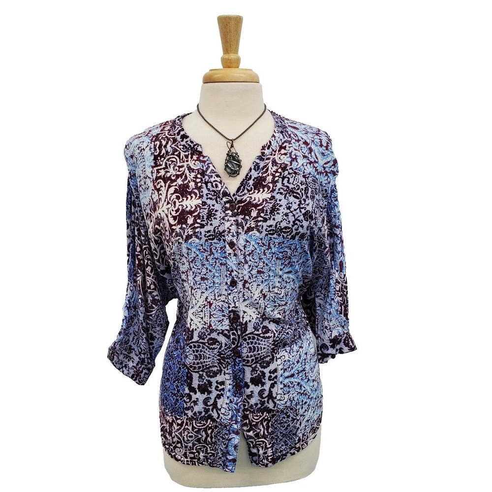 Catherines Womens 1XWP Burgundy Blue Abstract Print Button‎ Front Blouse Petite
